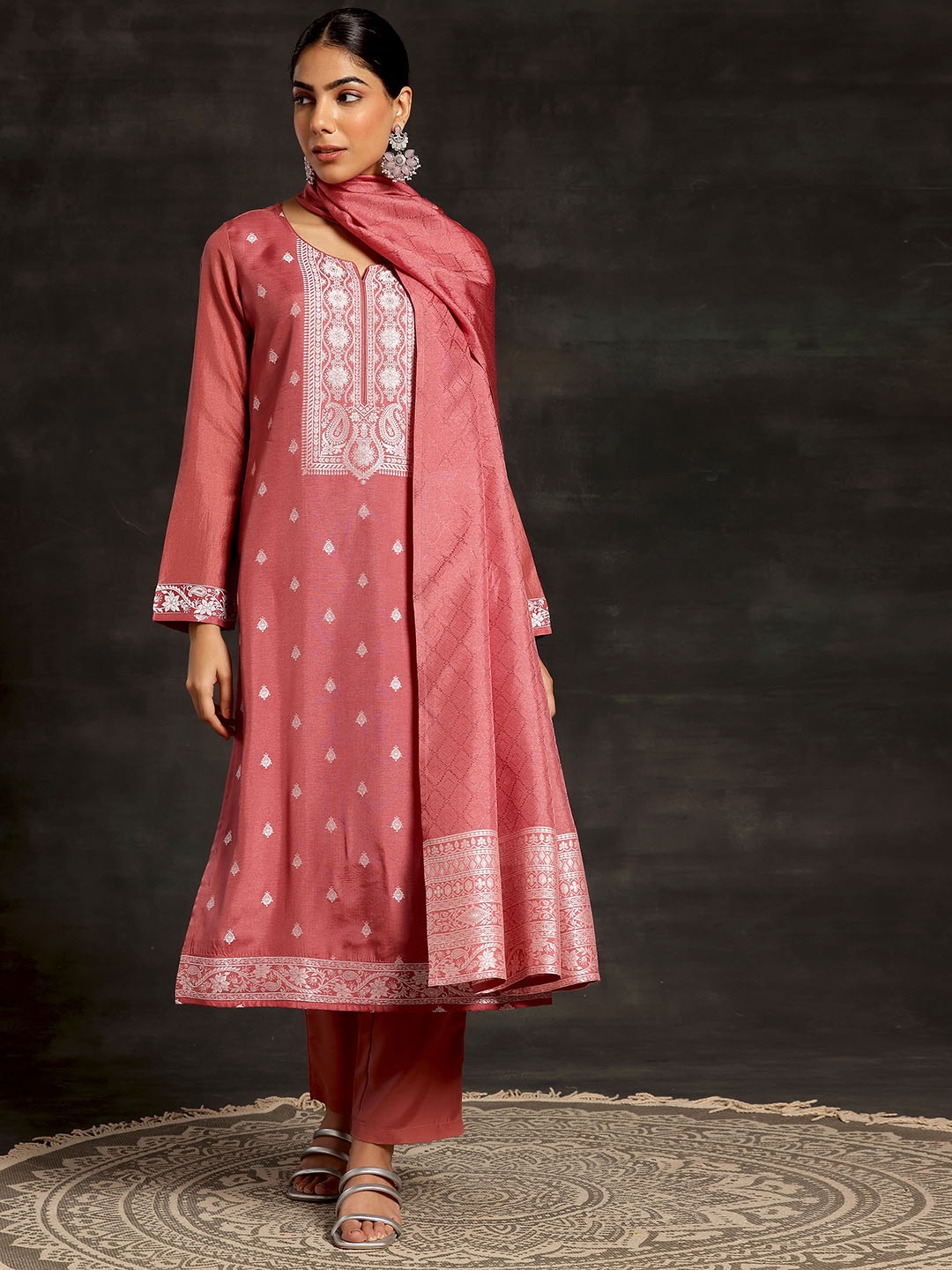 

Libas Women Ethnic Motifs Woven Design Notched Neck Kurta With Trousers & Dupatta, Pink