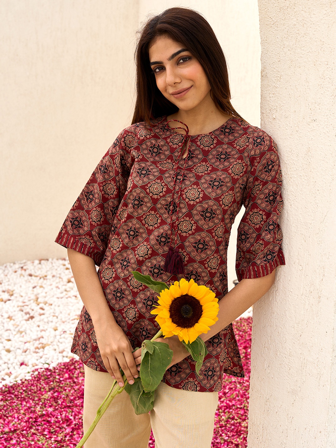 

Libas Ethnic Motifs Printed Tie-Up Neck Pure Cotton Straight Kurti, Maroon