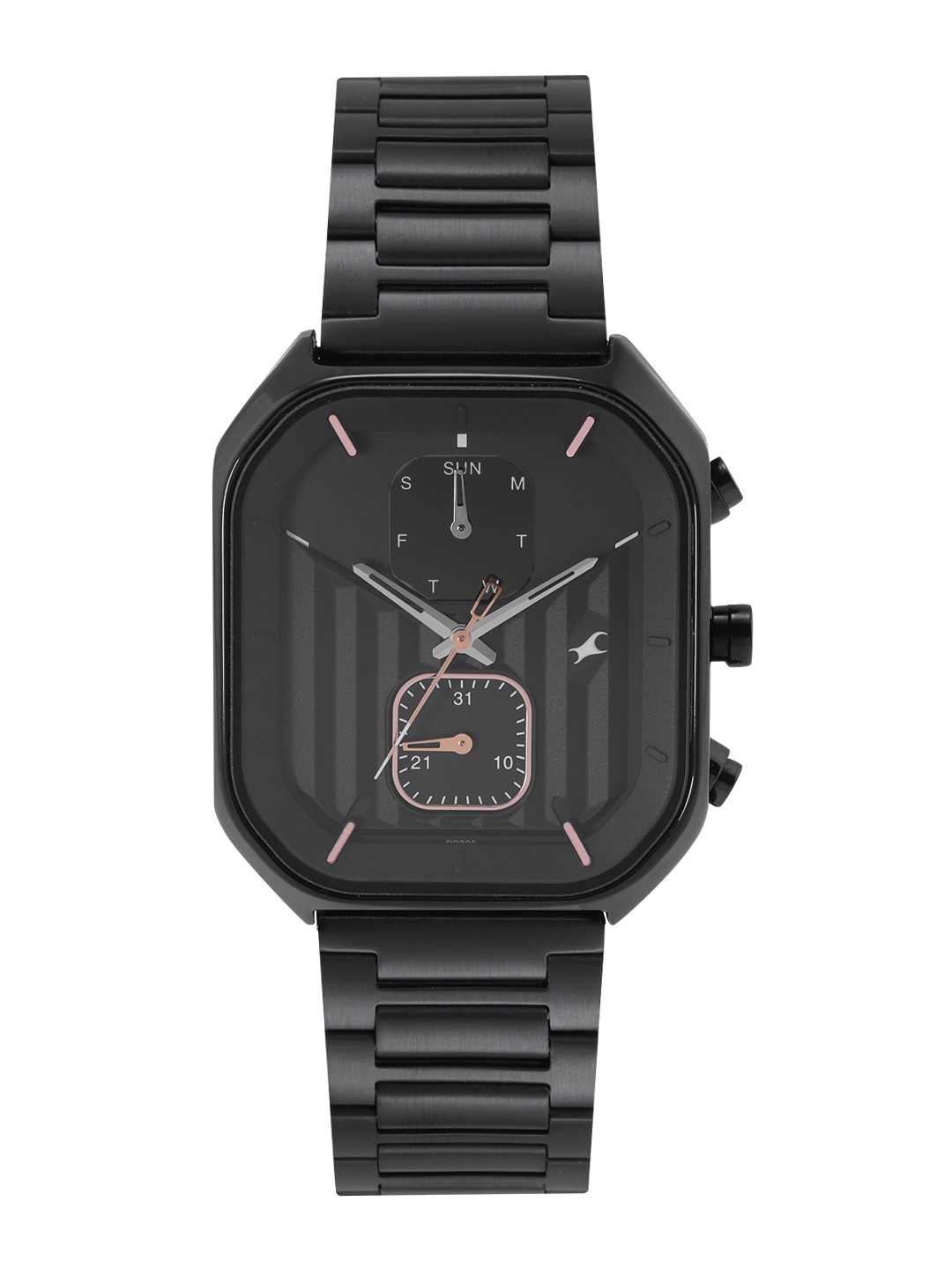 

Fastrack Men Slay Day-Date Bracelet Style Straps Analogue Watch 3270NM01, Black