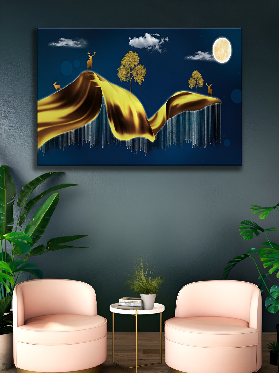 

WALLMAX Gold Toned & Blue Abstract Canvas Wall Art