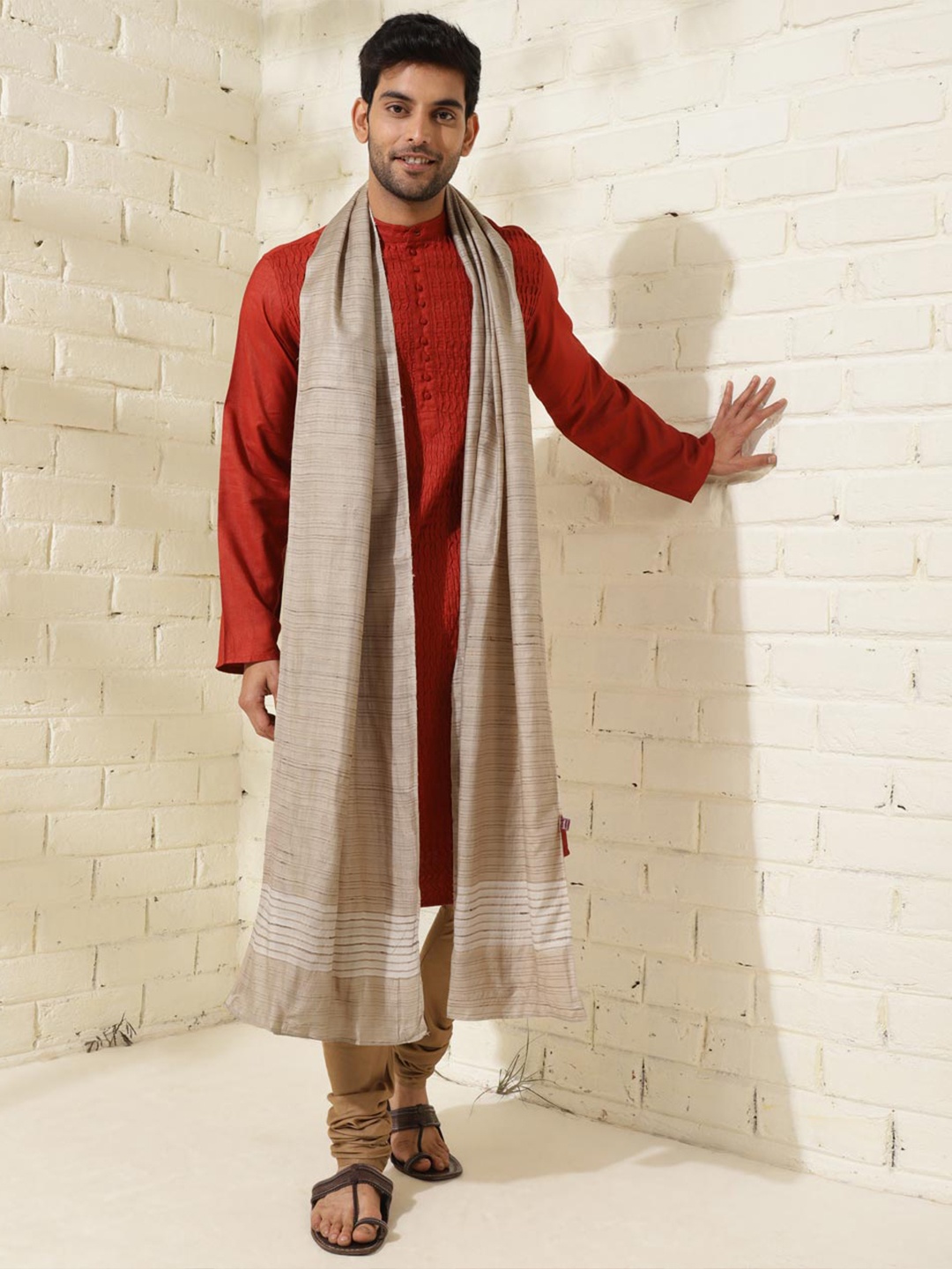 

Fabindia Men Woven Design Silk Stole, Grey