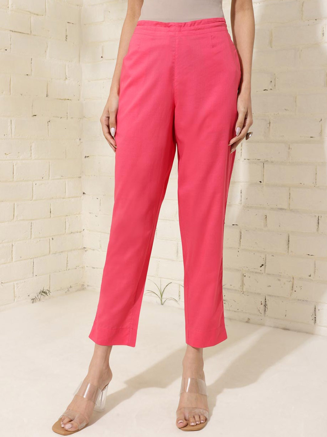 

Fabindia Women Comfort Tapered Cotton Trousers, Pink