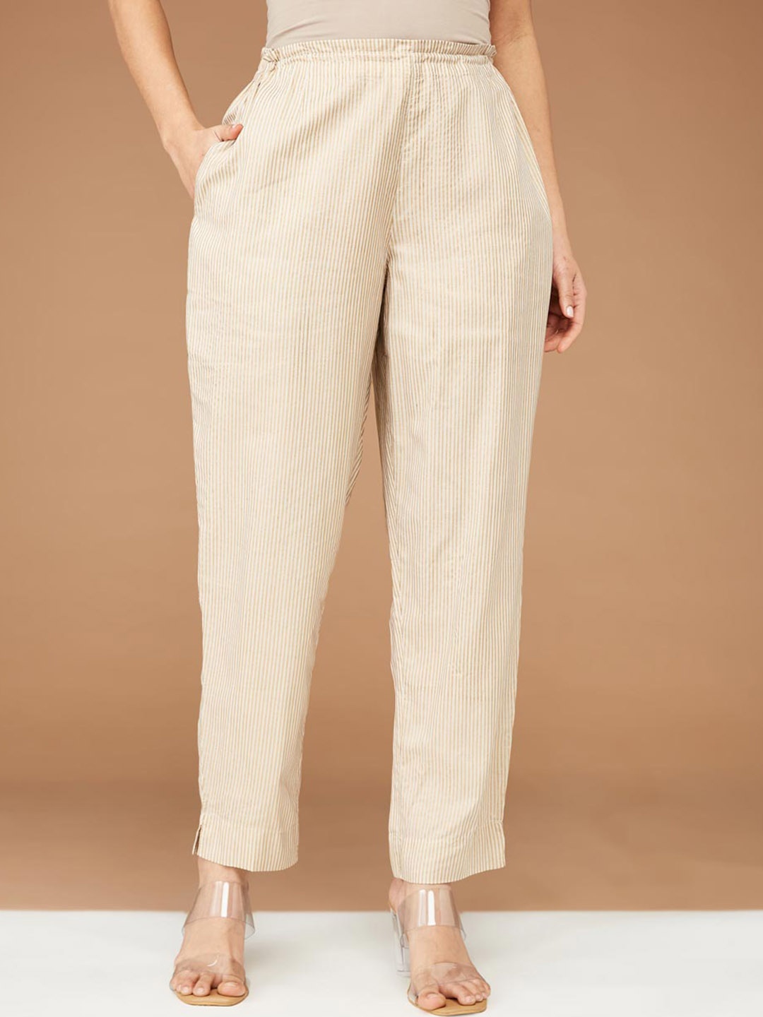 

Fabindia Women Striped Comfort Tapered Fit Trousers, Beige
