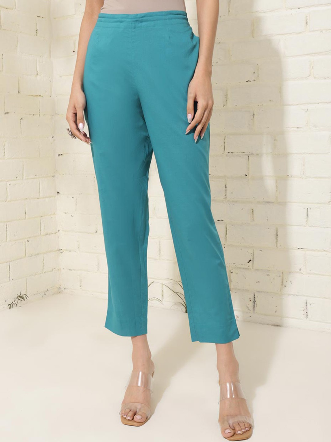 

Fabindia Women Comfort Tapered Fit Cotton Trousers, Blue