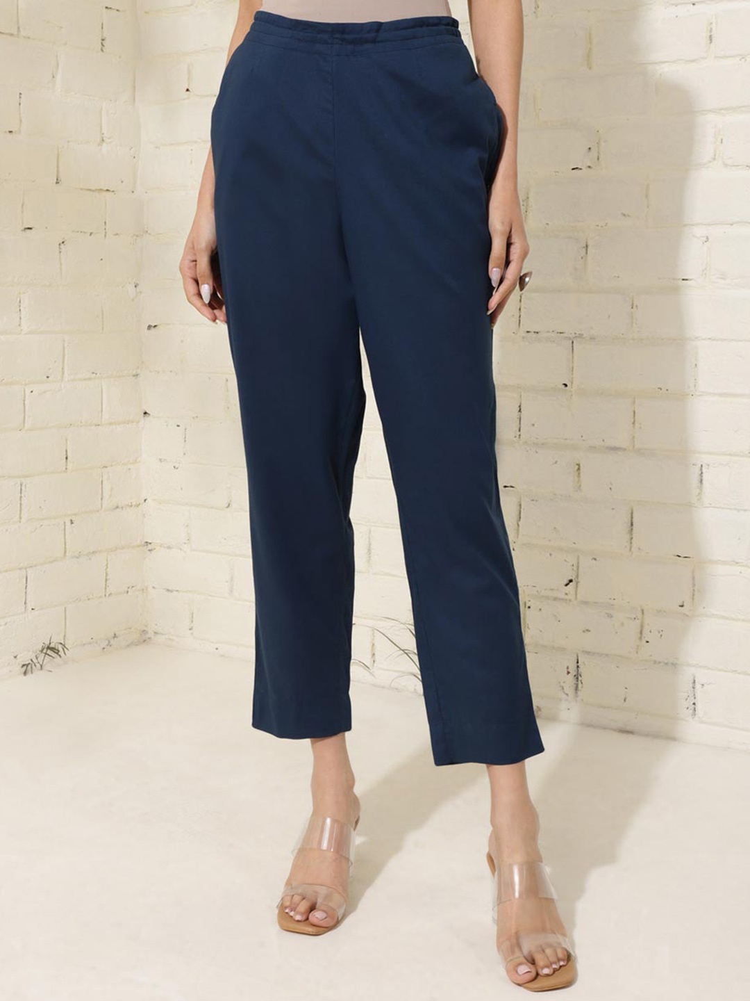 

Fabindia Women Comfort Tapered Fit Cotton Trousers, Blue