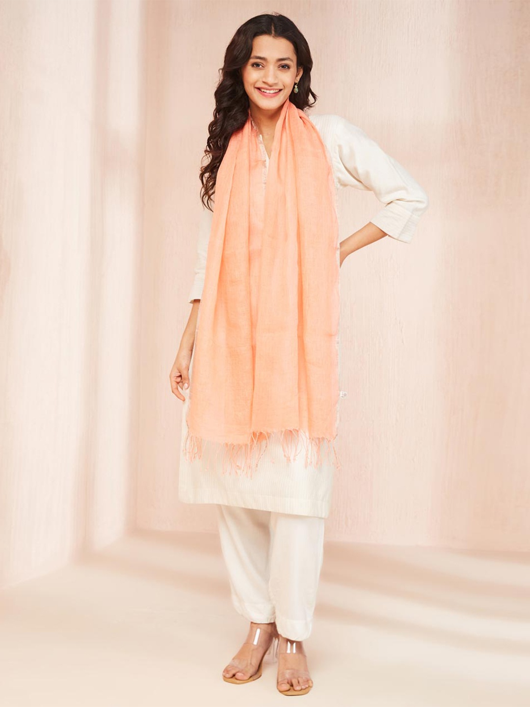 

Fabindia Linen Tasselled Stole, Peach