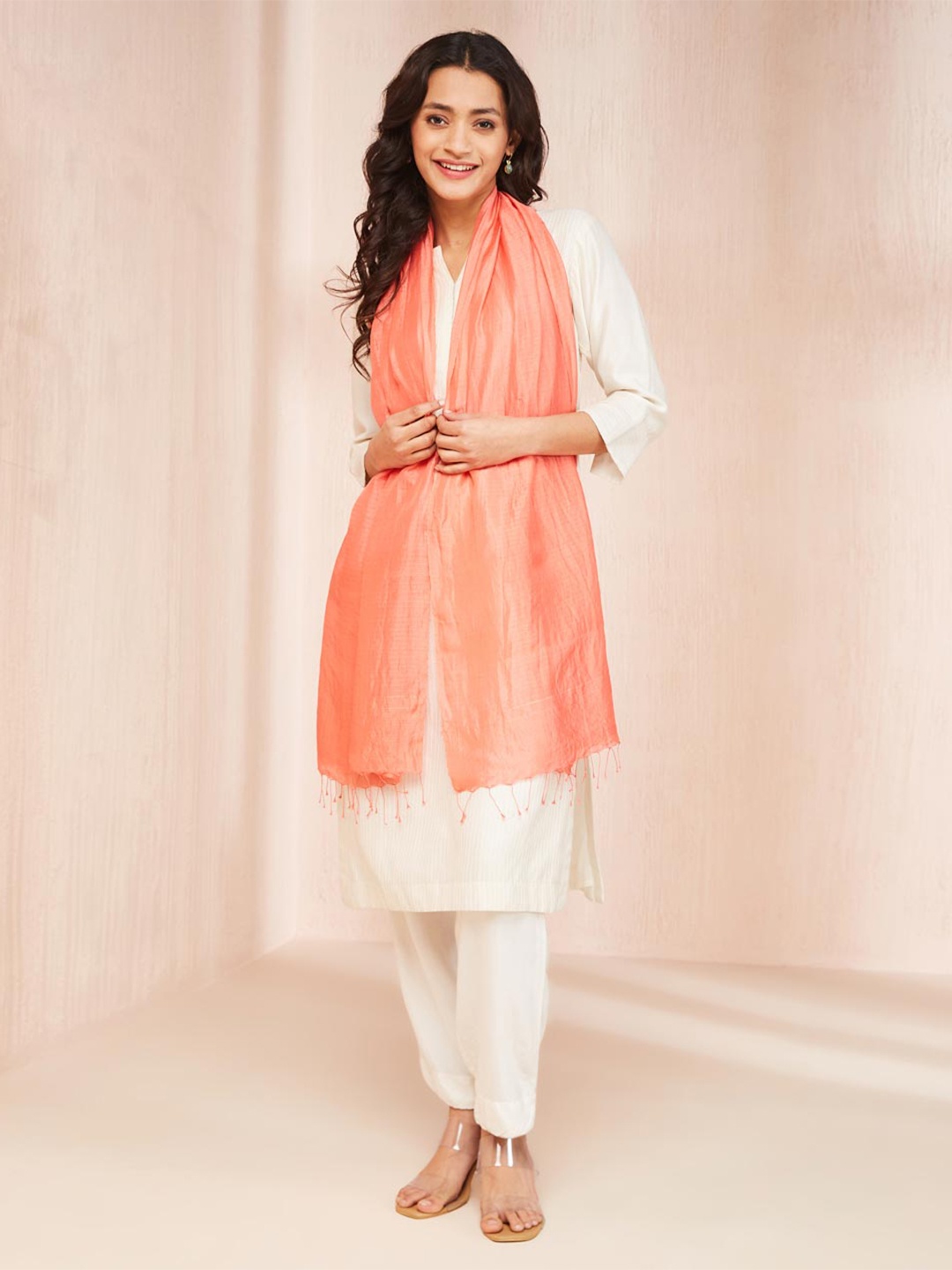 

Fabindia Silk Tasselled Stole, Coral