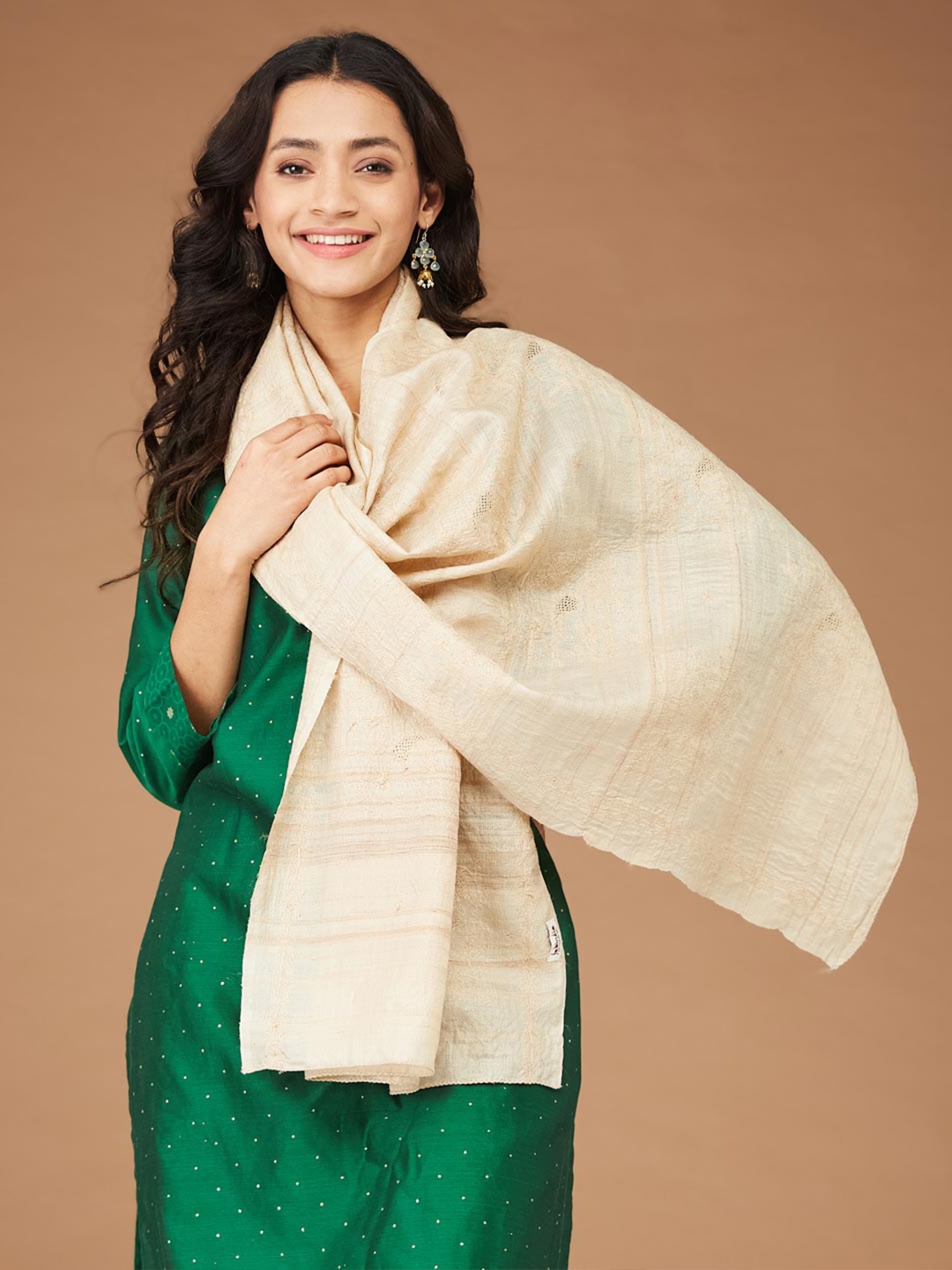 

Fabindia Embroidered Silk Stole, Beige