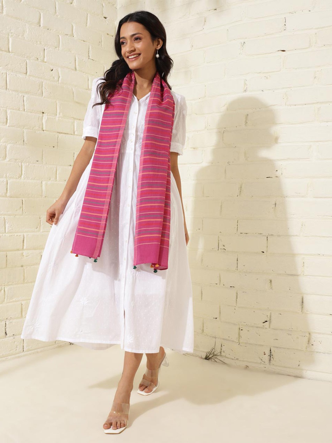 

Fabindia Striped Tasselled Cotton Stole, Purple