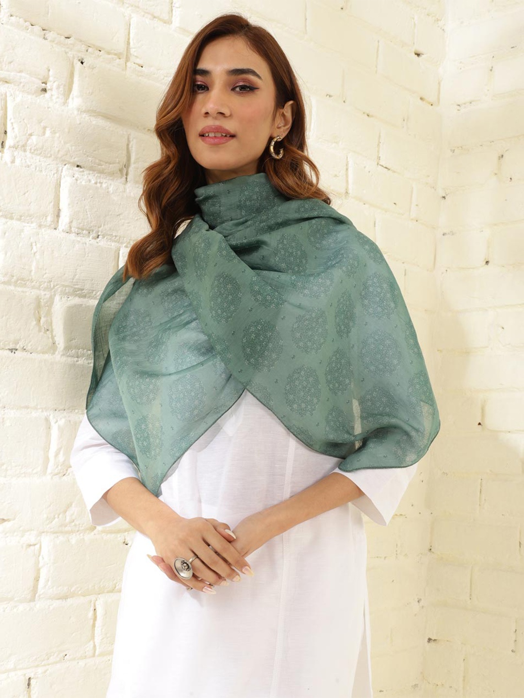 

Fabindia Floral Printed Cotton Silk Stole, Blue