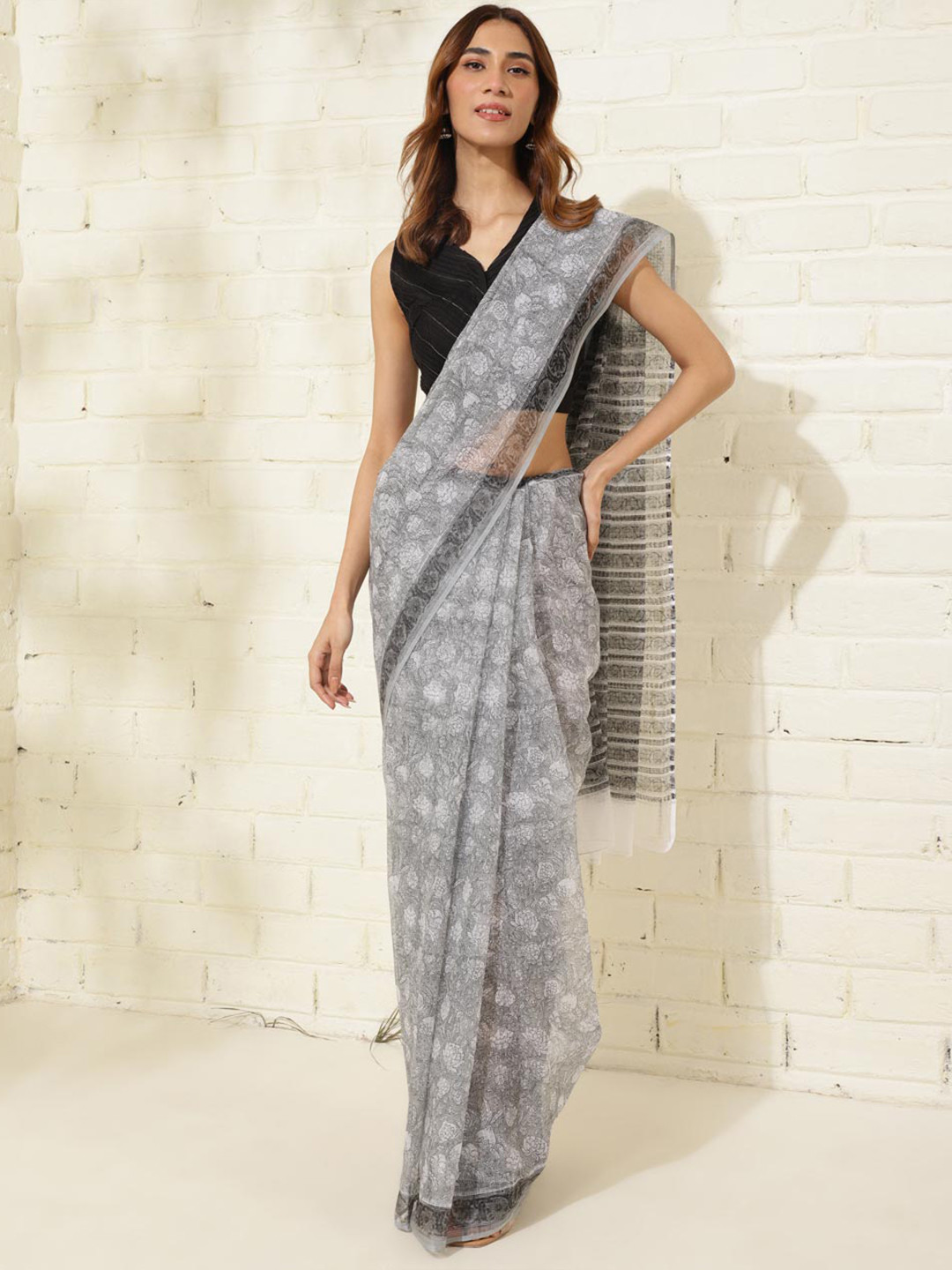 

Fabindia Ethnic Motifs Silk Cotton Block Print Saree, Grey