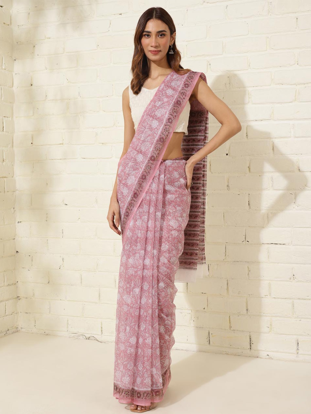 

Fabindia Floral Silk Cotton Block Print Saree, Lavender