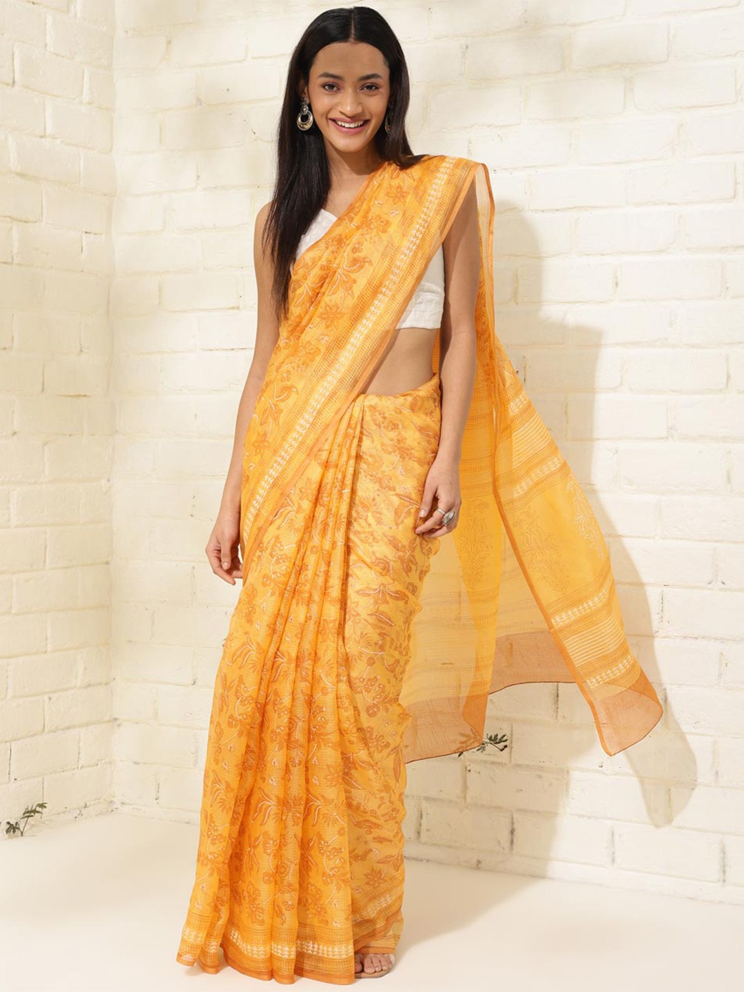 

Fabindia Ethnic Motifs Pure Silk Block Print Saree, Yellow