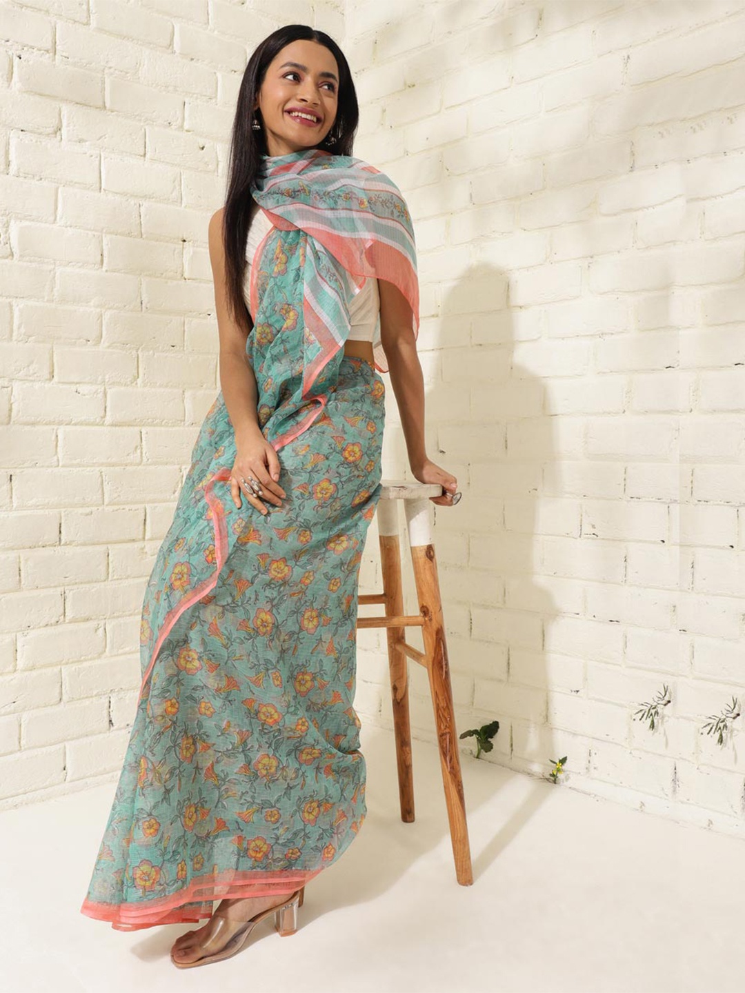 

Fabindia Floral Silk Cotton Block Print Saree, Turquoise blue