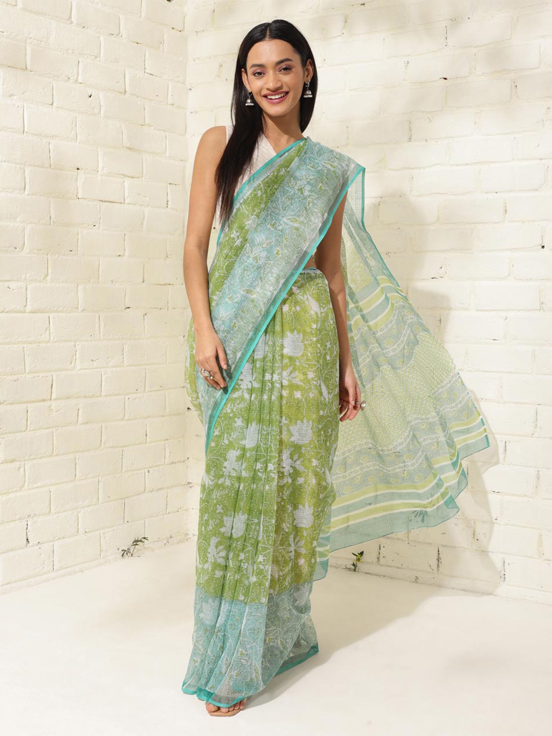 

Fabindia Floral Silk Cotton Block Print Saree, Lime green