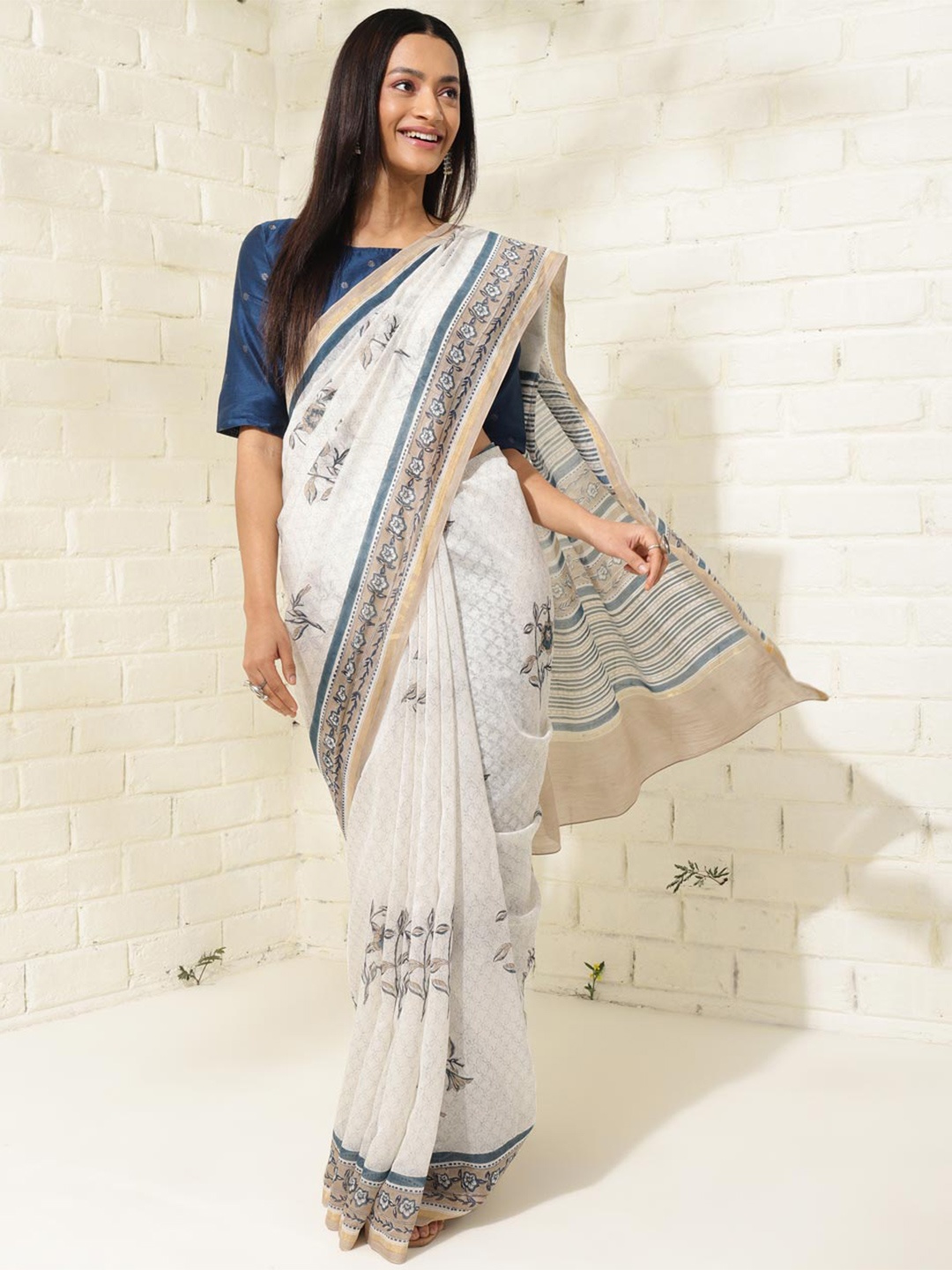 

Fabindia Floral Silk Cotton Block Print Zari Saree, Grey