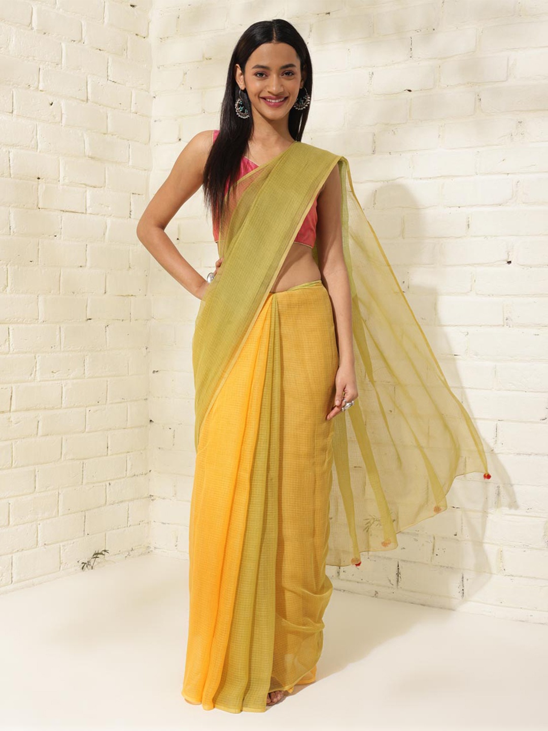 

Fabindia Ombre Silk Cotton Saree, Lime green
