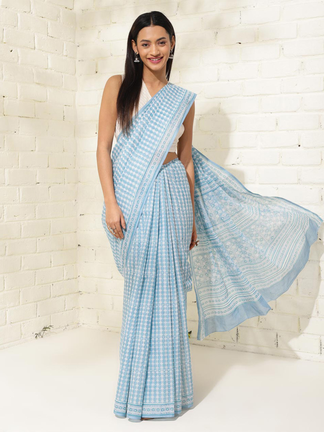 

Fabindia Ethnic Motifs Pure Cotton Block Print Saree, Blue