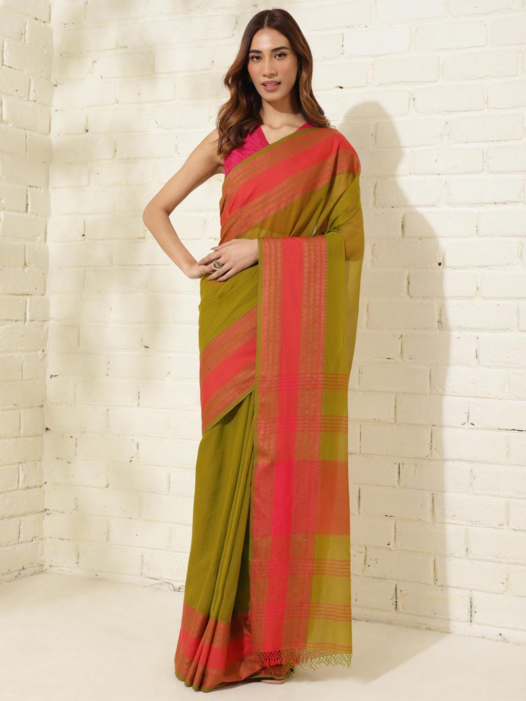 

Fabindia Striped Pure Cotton Saree, Lime green