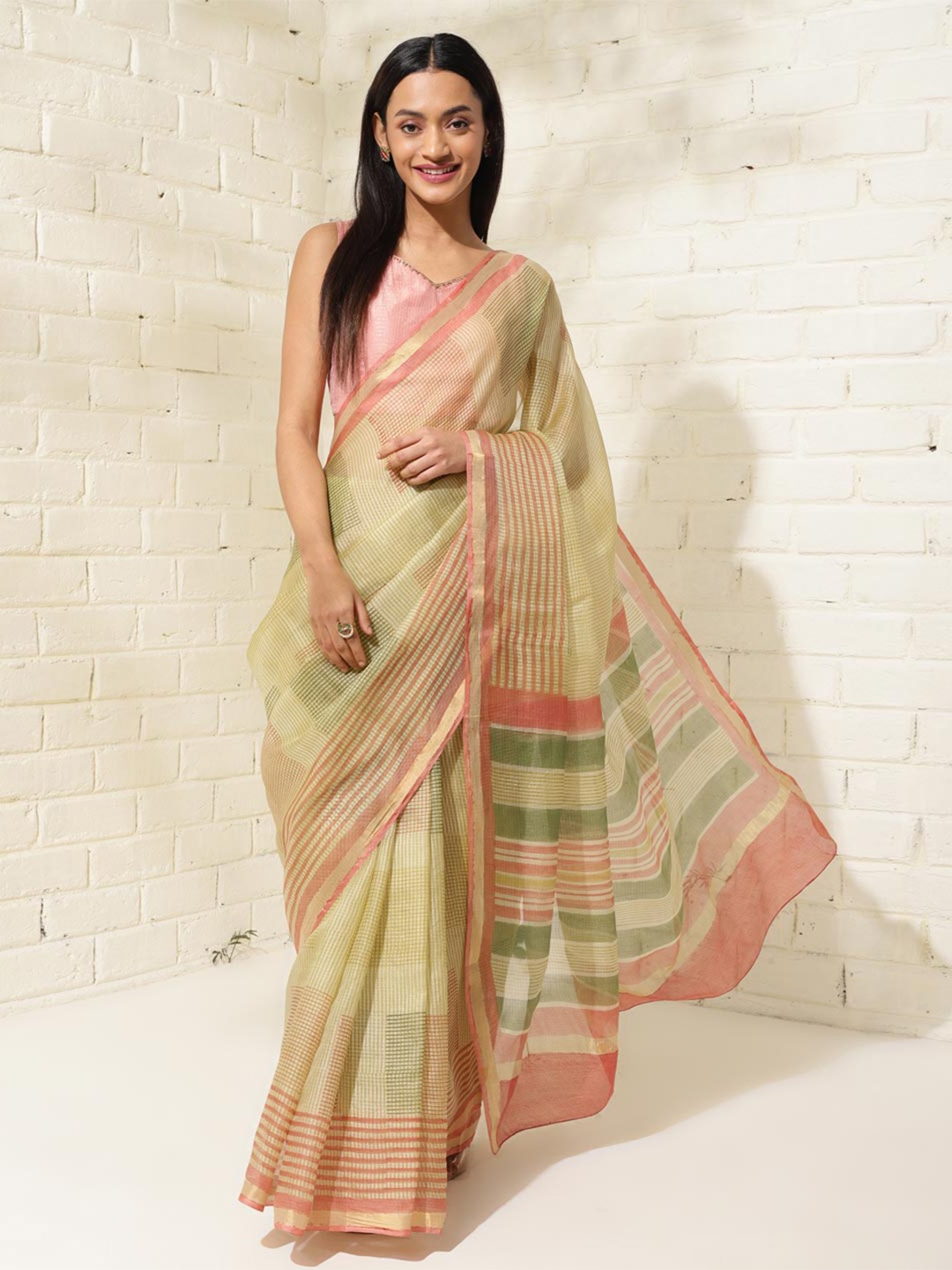 

Fabindia Checked Pure Silk Block Print Zari Saree, Beige