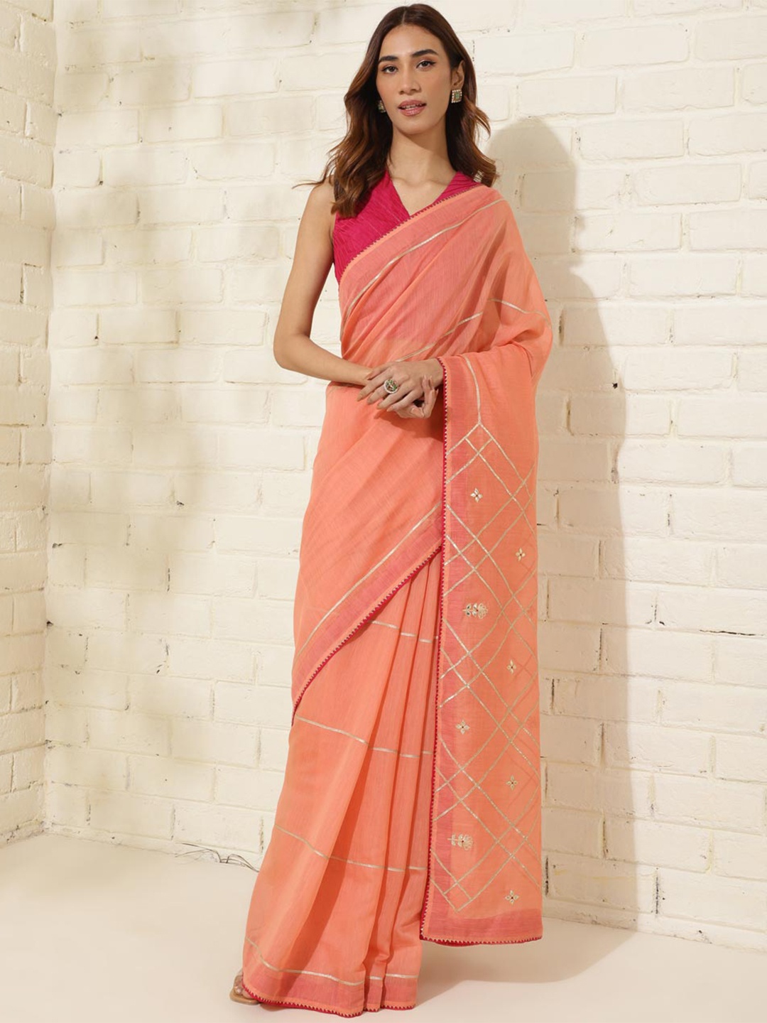 

Fabindia Embellished Gotta Patti Silk Cotton Saree, Peach