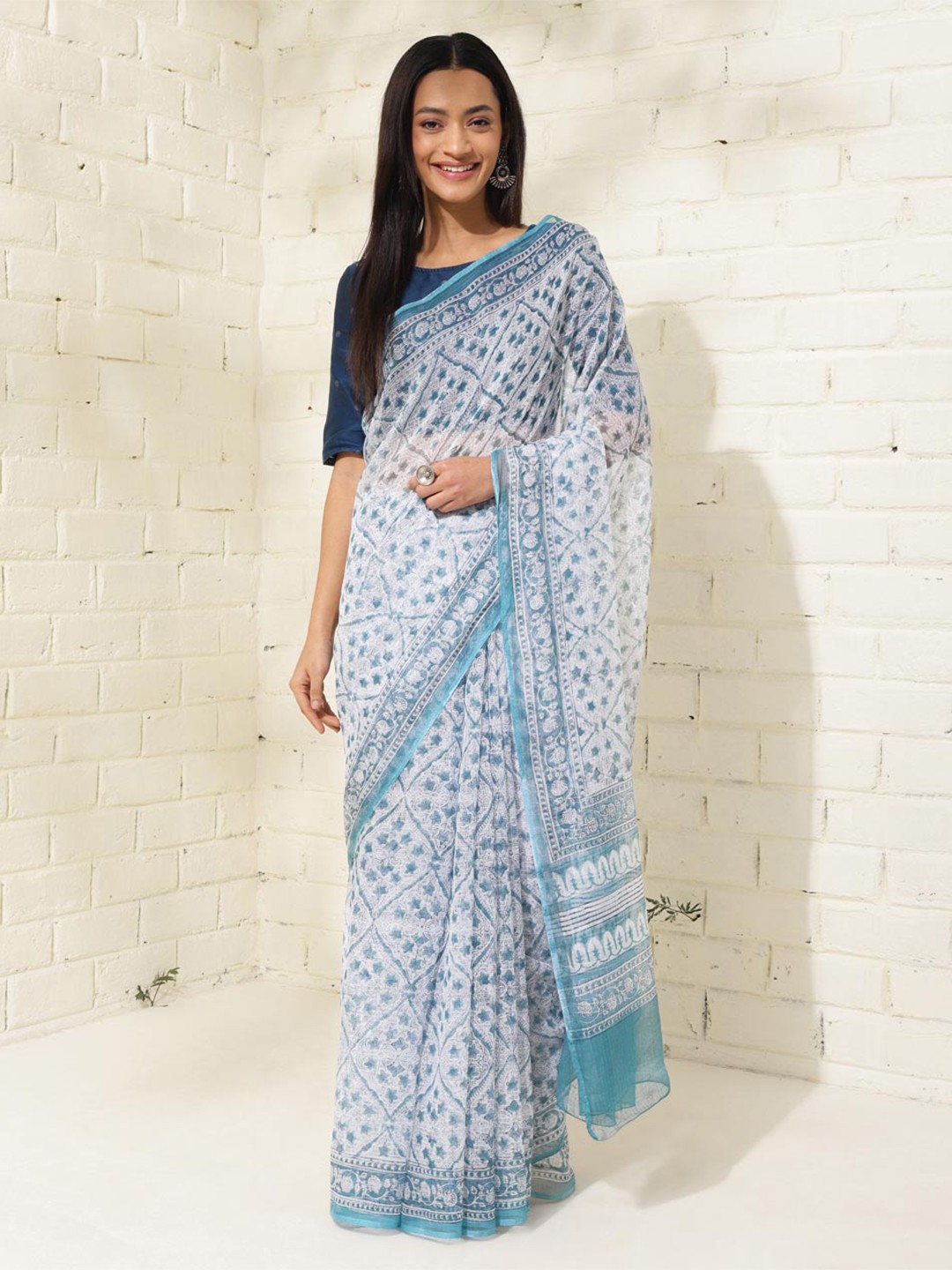 

Fabindia Ethnic Motifs Silk Cotton Block Printed Saree, Blue