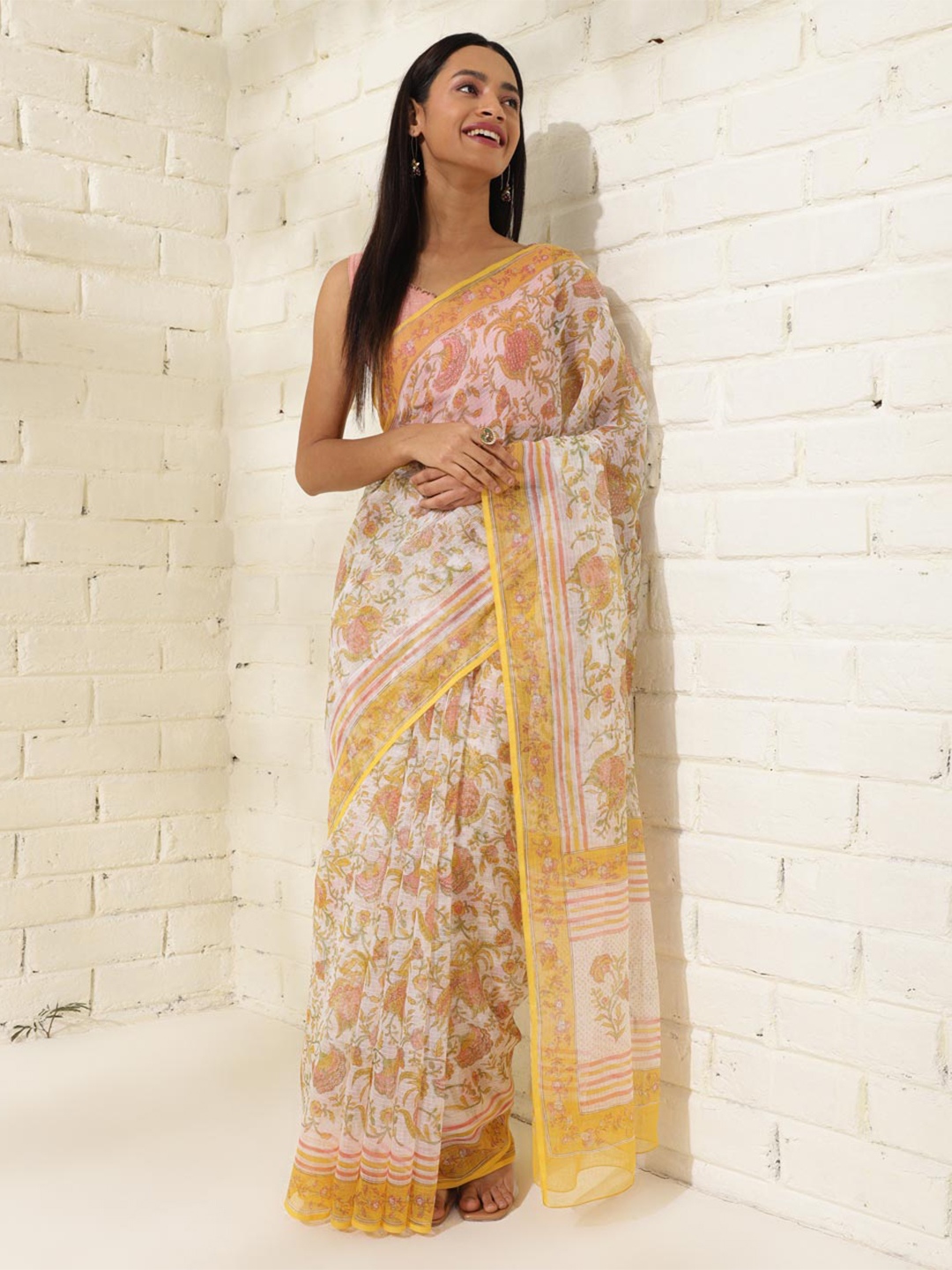 

Fabindia Floral Silk Cotton Block Printed Saree, Yellow