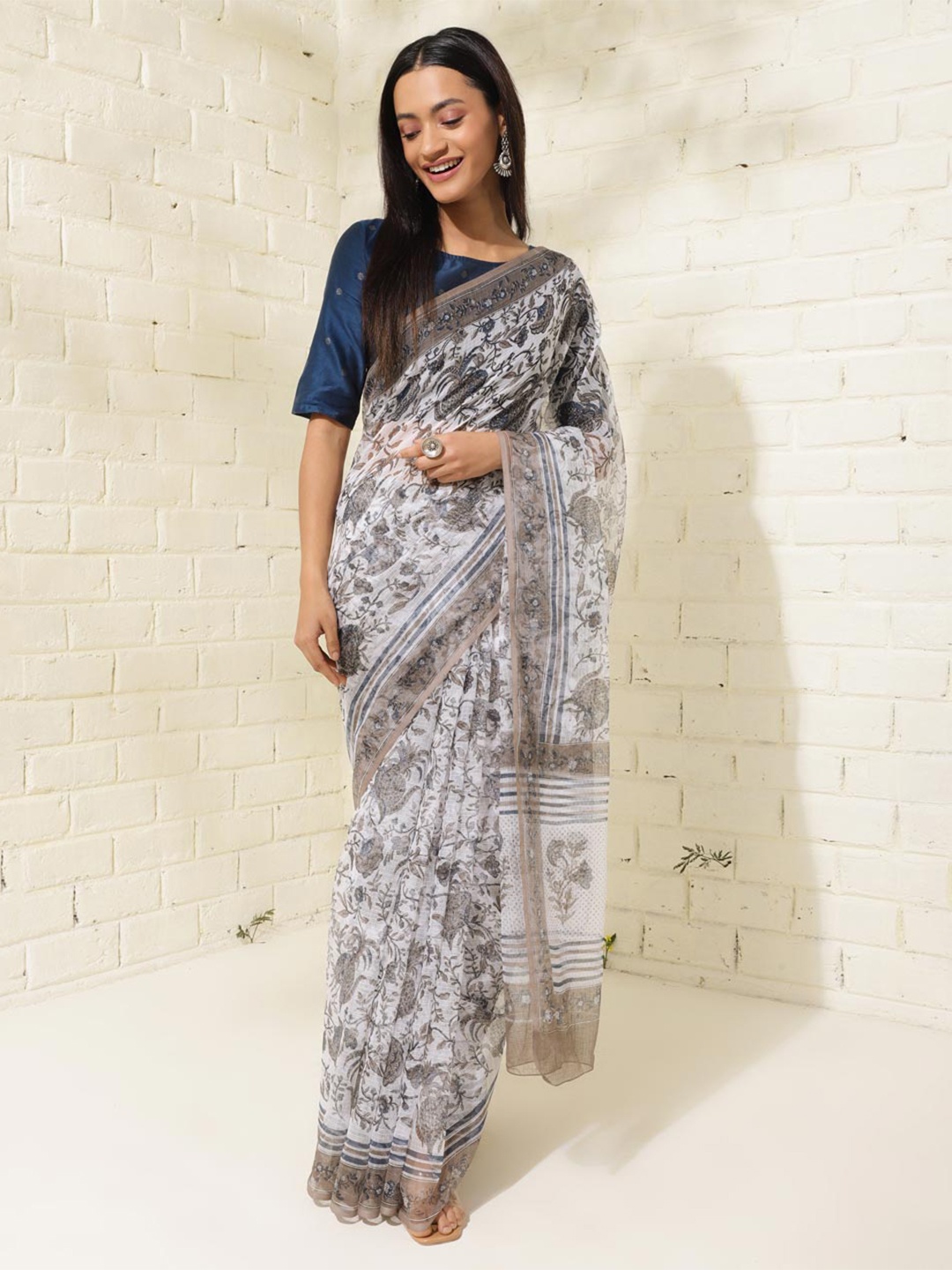 

Fabindia Ethnic Motifs Silk Cotton Block Printed Saree, Navy blue