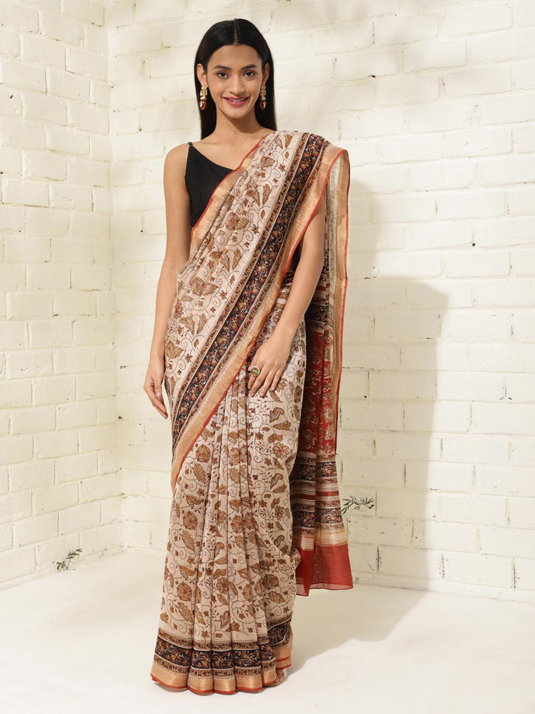 

Fabindia Ethnic Motifs Zari Silk Cotton Block Printed Saree, Beige