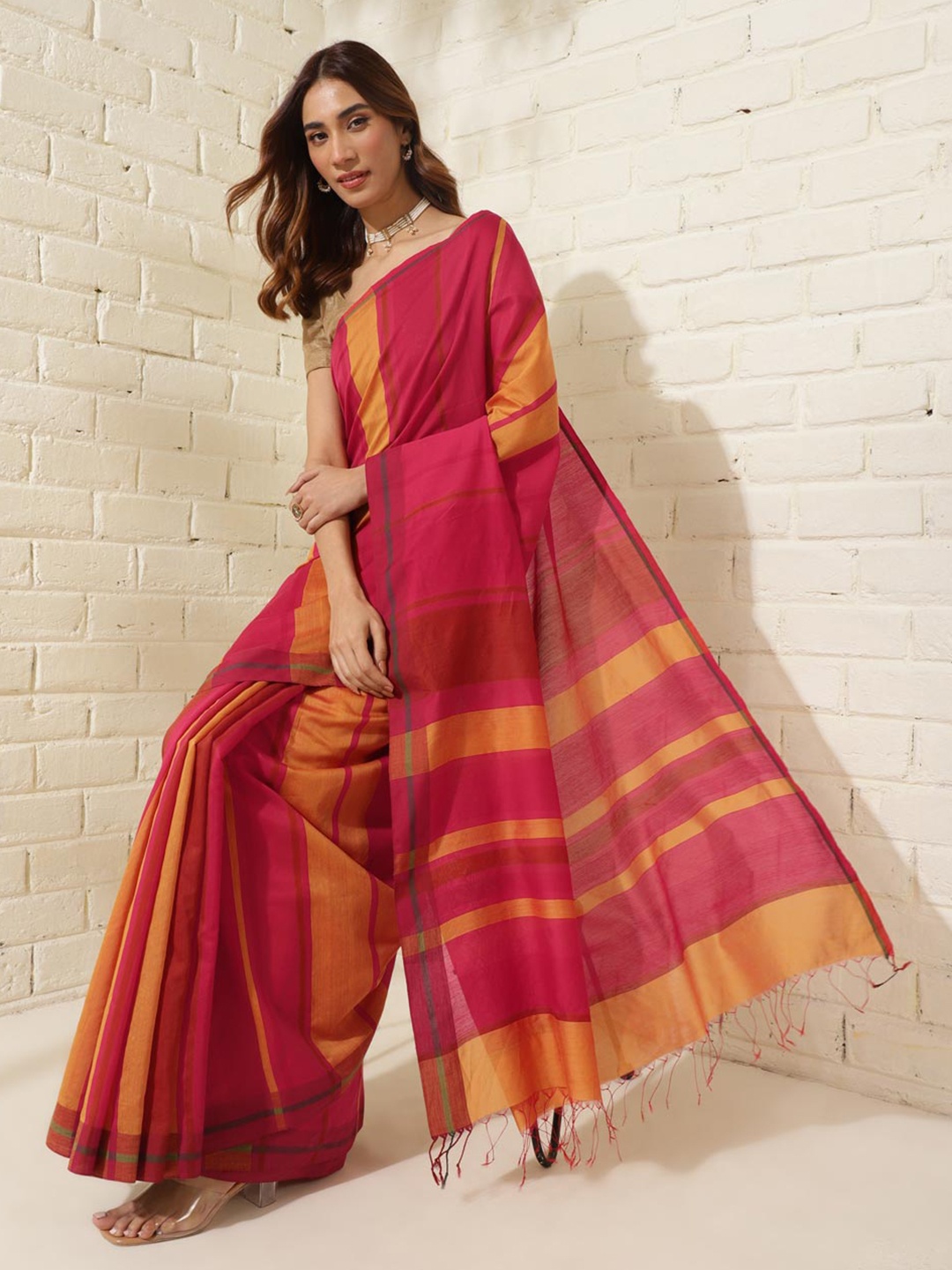 

Fabindia Striped Silk Cotton Saree, Red