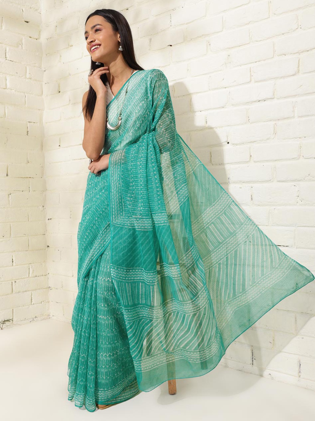 

Fabindia Ethnic Motifs Silk Cotton Block Print Saree, Turquoise blue