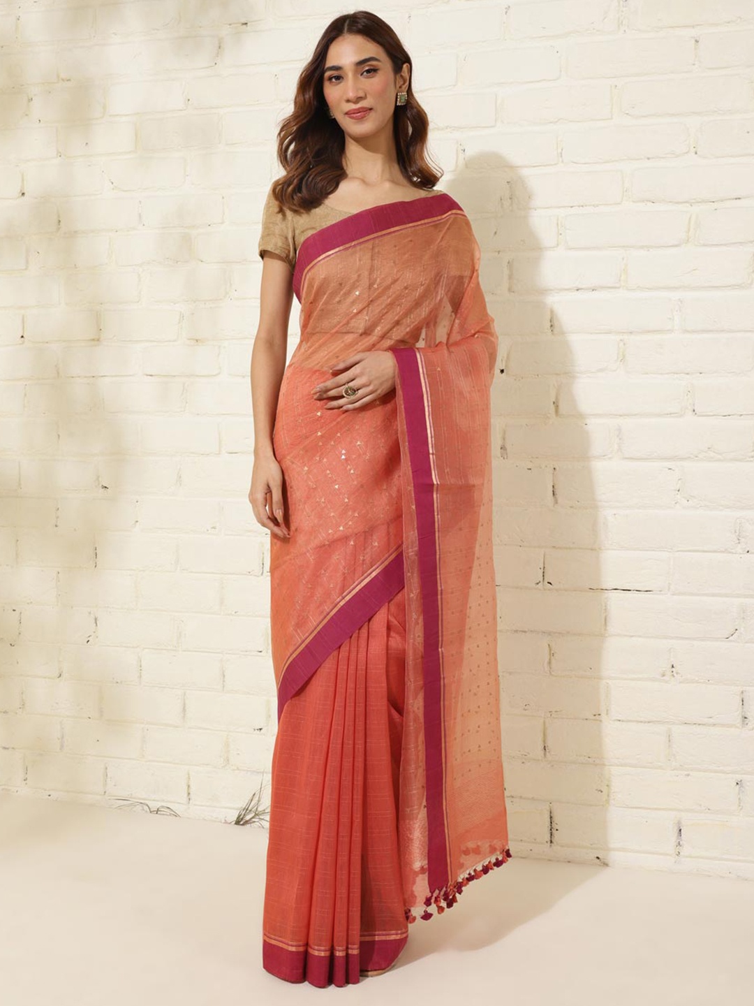 

Fabindia Geometric Embellished Saree, Pink