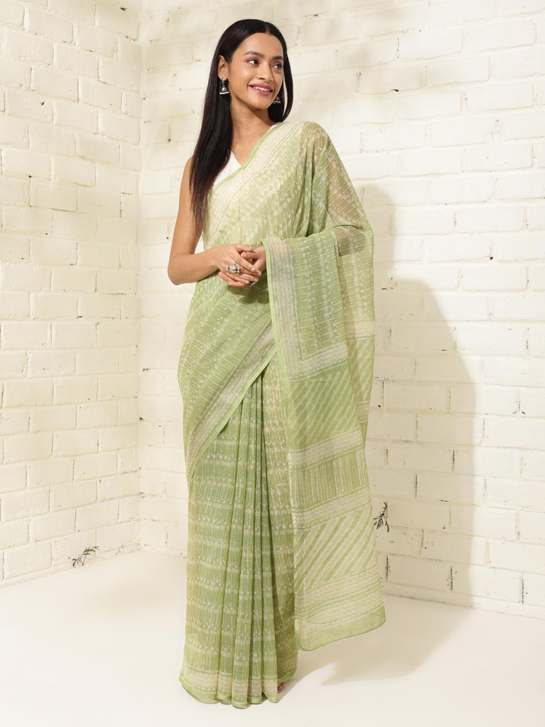 

Fabindia Silk Cotton Block Printed Saree, Green