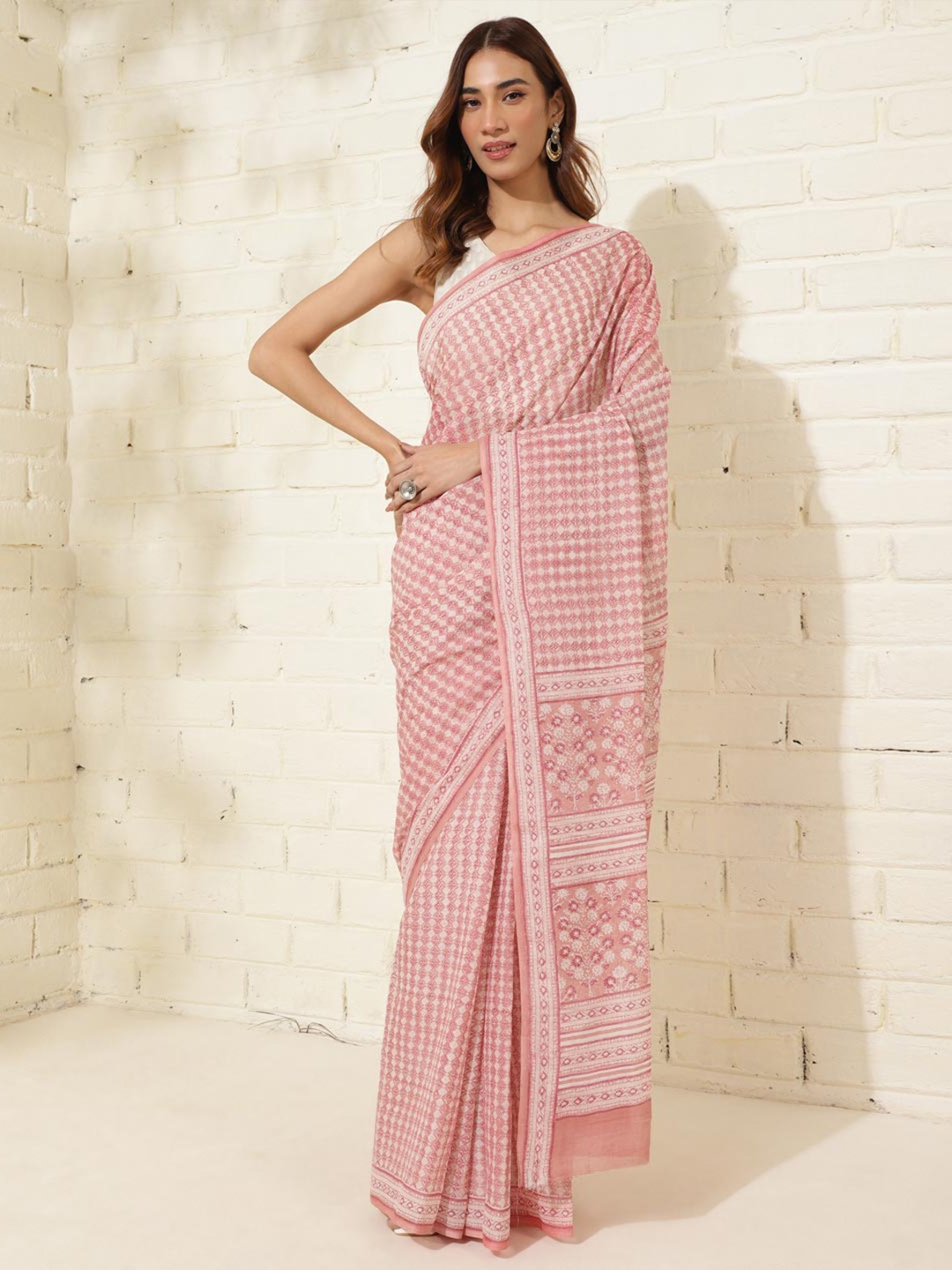 

Fabindia Ethnic Motifs Pure Cotton Block Print Saree, Pink