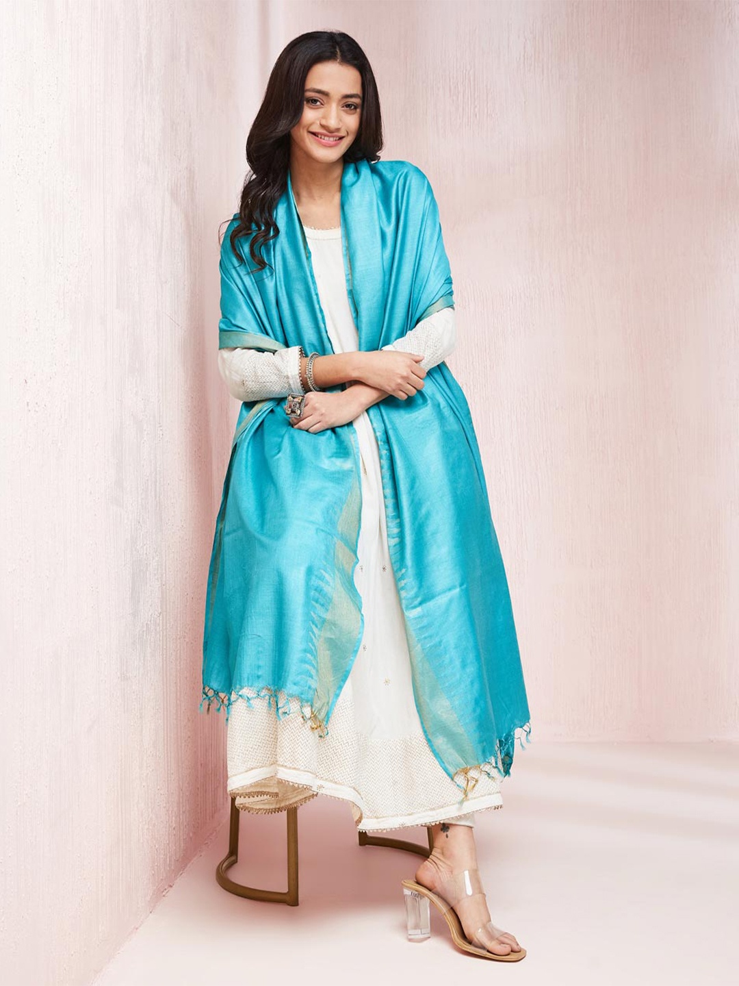 

Fabindia Silk Blend Dupatta, Turquoise blue