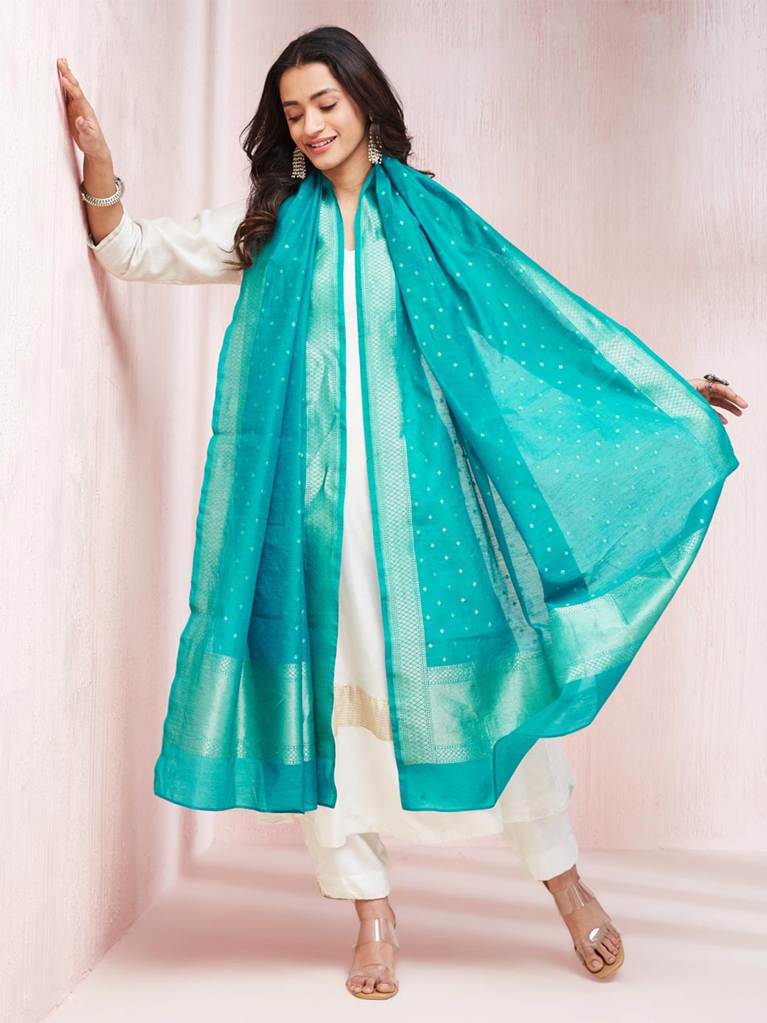 

Fabindia Ethnic Motifs Woven Design Cotton Silk Dupatta with Zari, Teal
