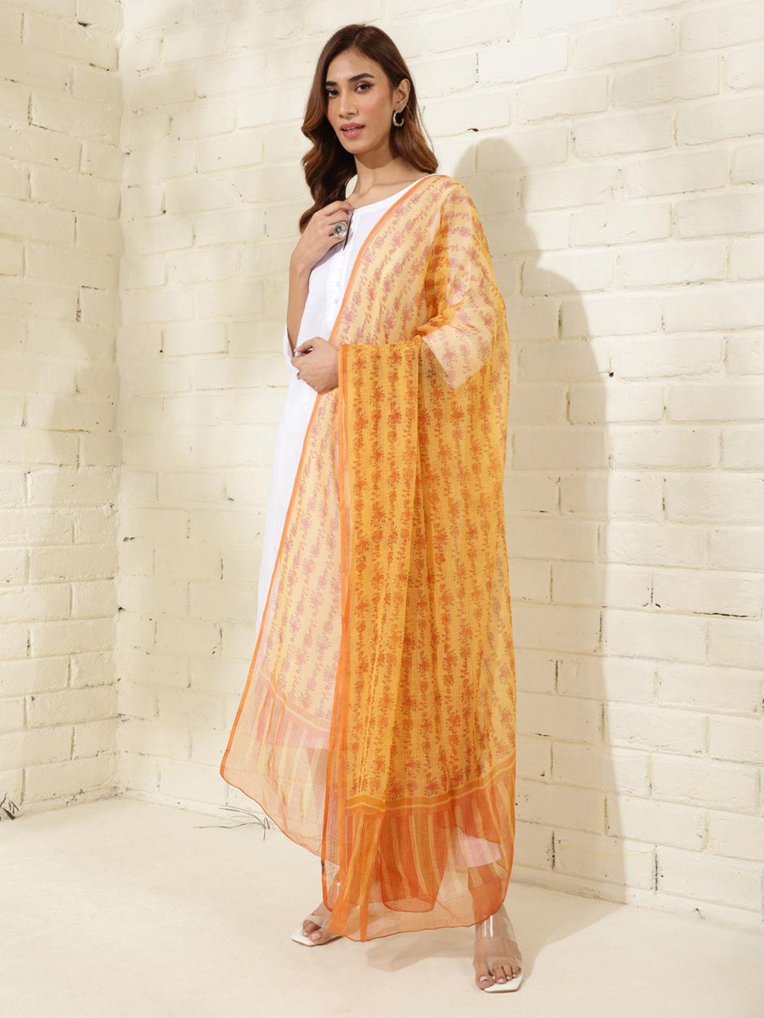 

Fabindia Floral Block Printed Cotton Silk Dupatta, Mustard