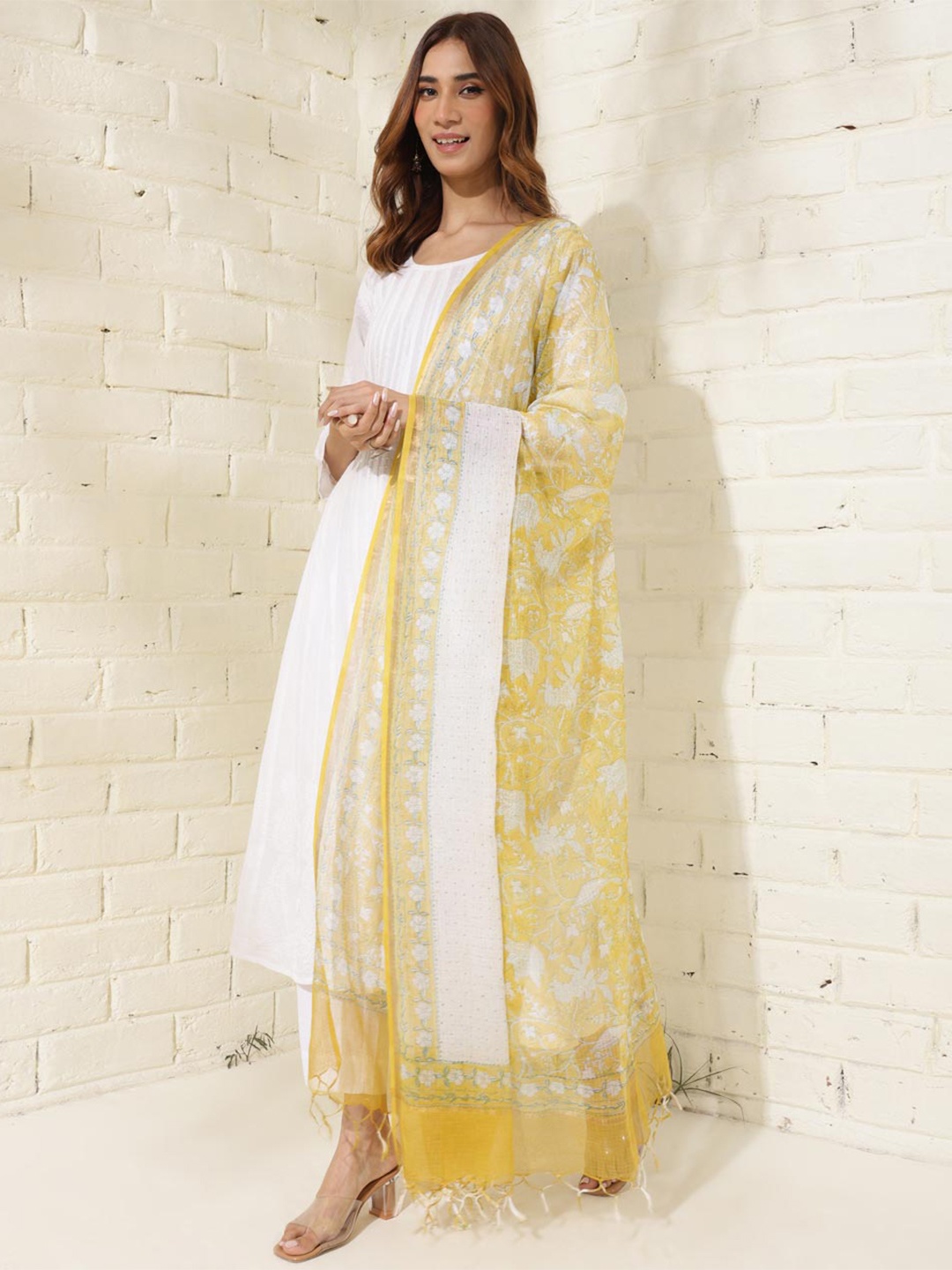 

Fabindia Floral Block Printed Cotton Silk Dupatta, Yellow