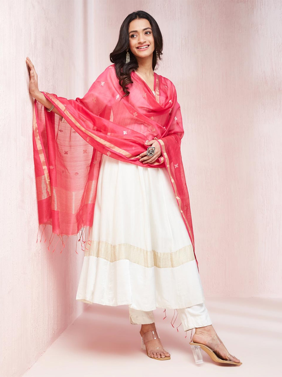 

Fabindia Ethnic Motifs Woven Design Chanderi Cotton Silk Dupatta with Zari, Magenta