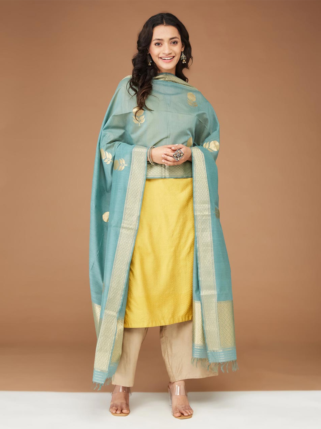 

Fabindia Floral Woven Design Banarsi Cotton Silk Dupatta with Zari, Blue