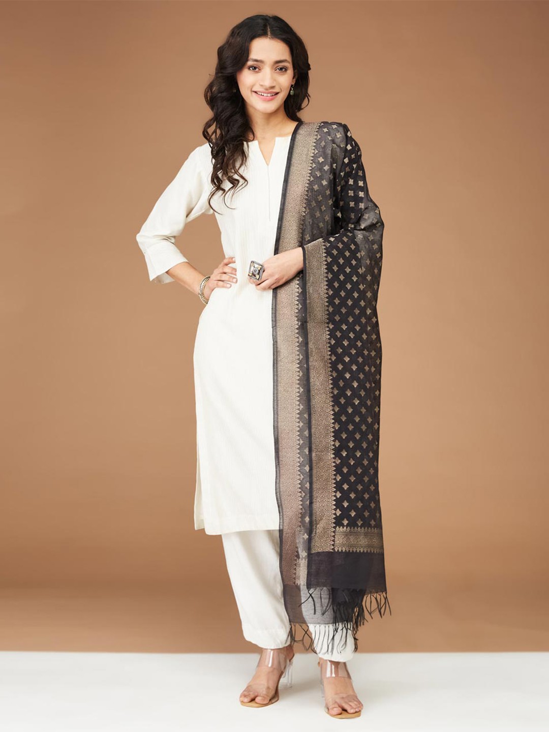 

Fabindia Ethnic Motifs Woven Design Cotton Silk Dupatta, Black
