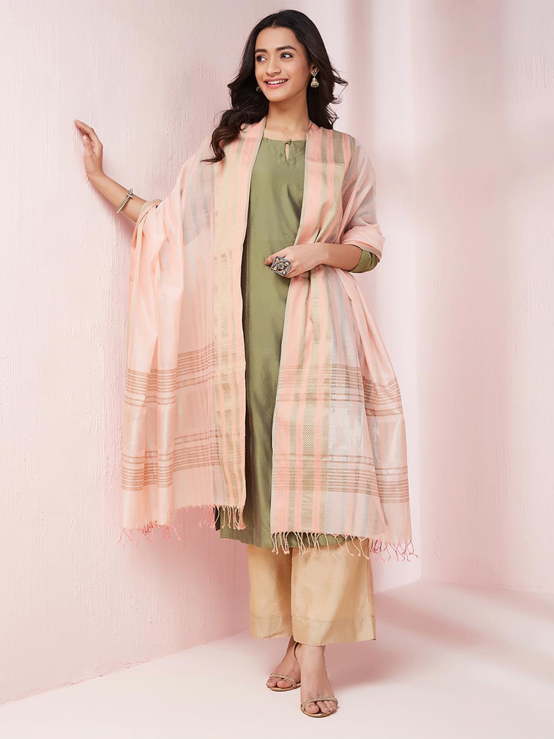 

Fabindia Striped Woven Design Zari Cotton Silk Dupatta, Peach