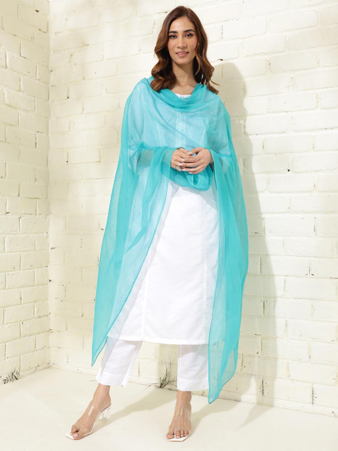 

Fabindia Checked Cotton Silk Dupatta, Turquoise blue