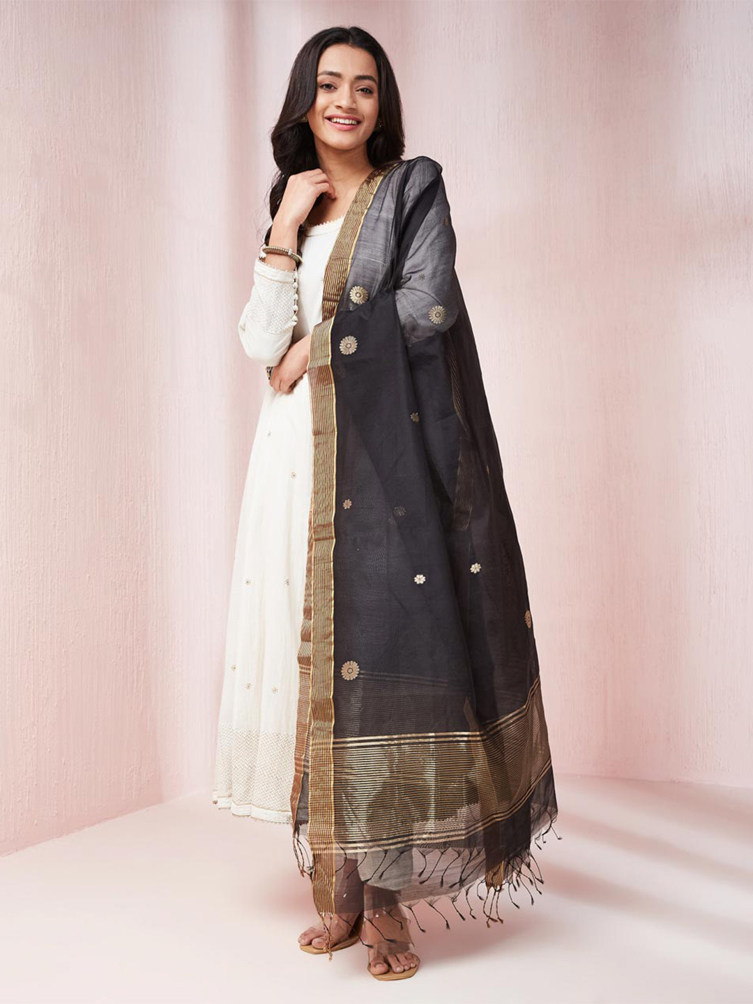 

Fabindia Floral Woven Design Zari Cotton Silk Dupatta, Black