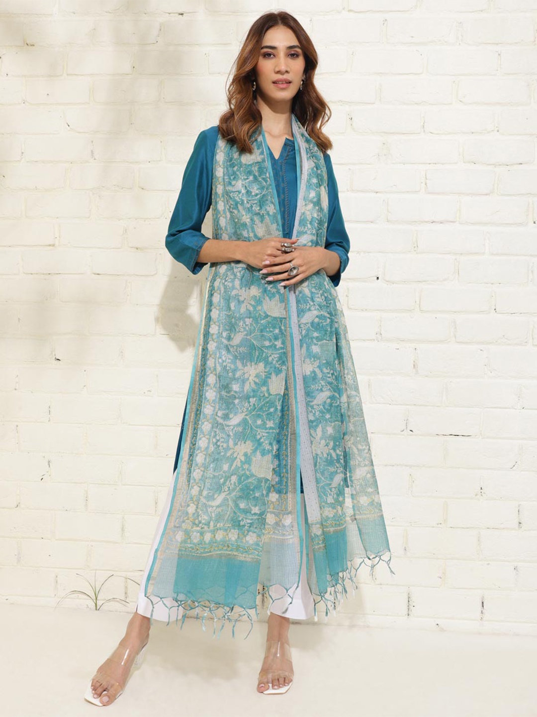 

Fabindia Floral Printed Cotton Silk Dupatta, Turquoise blue