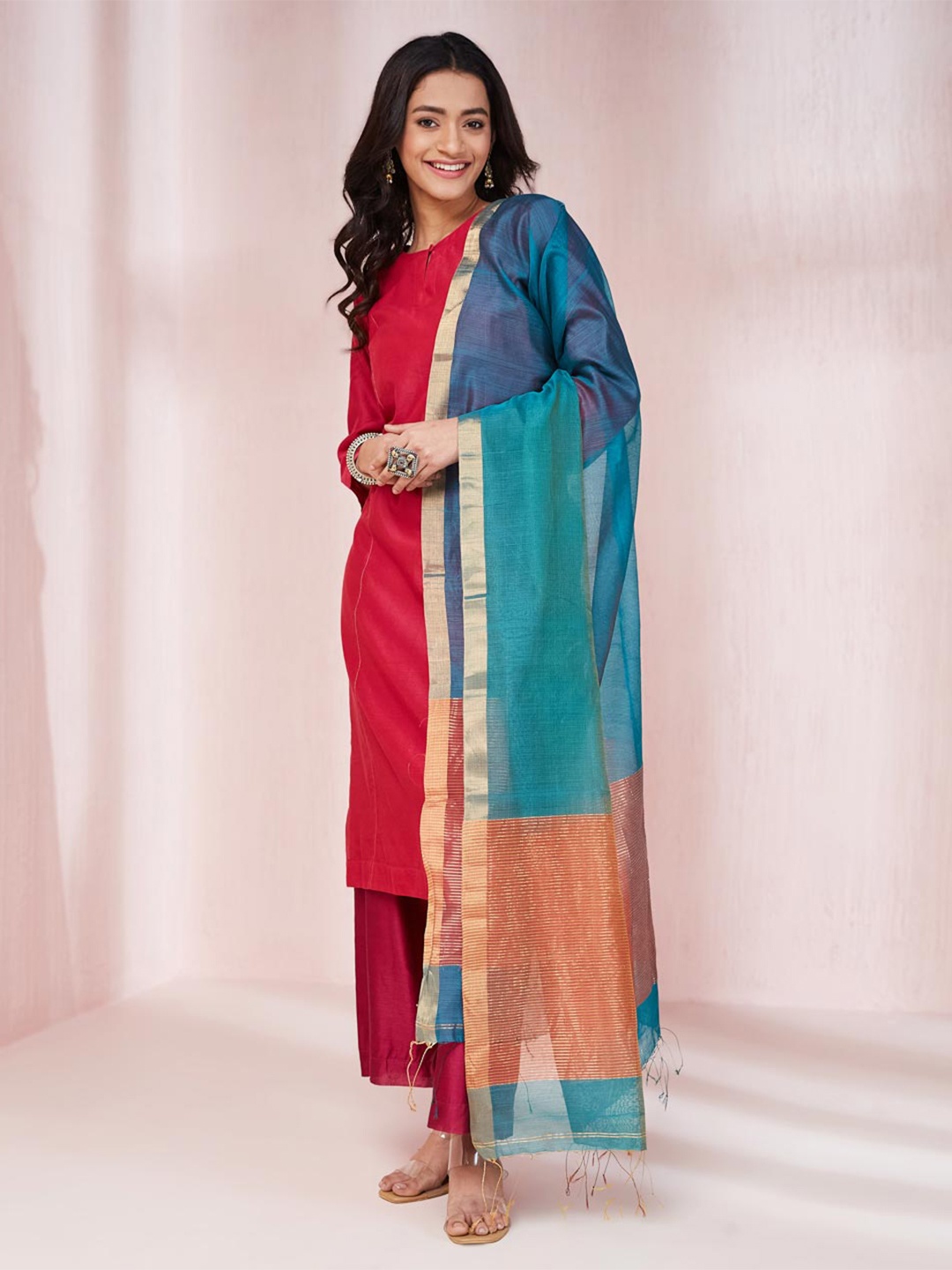 

Fabindia Cotton Silk Dupatta, Turquoise blue