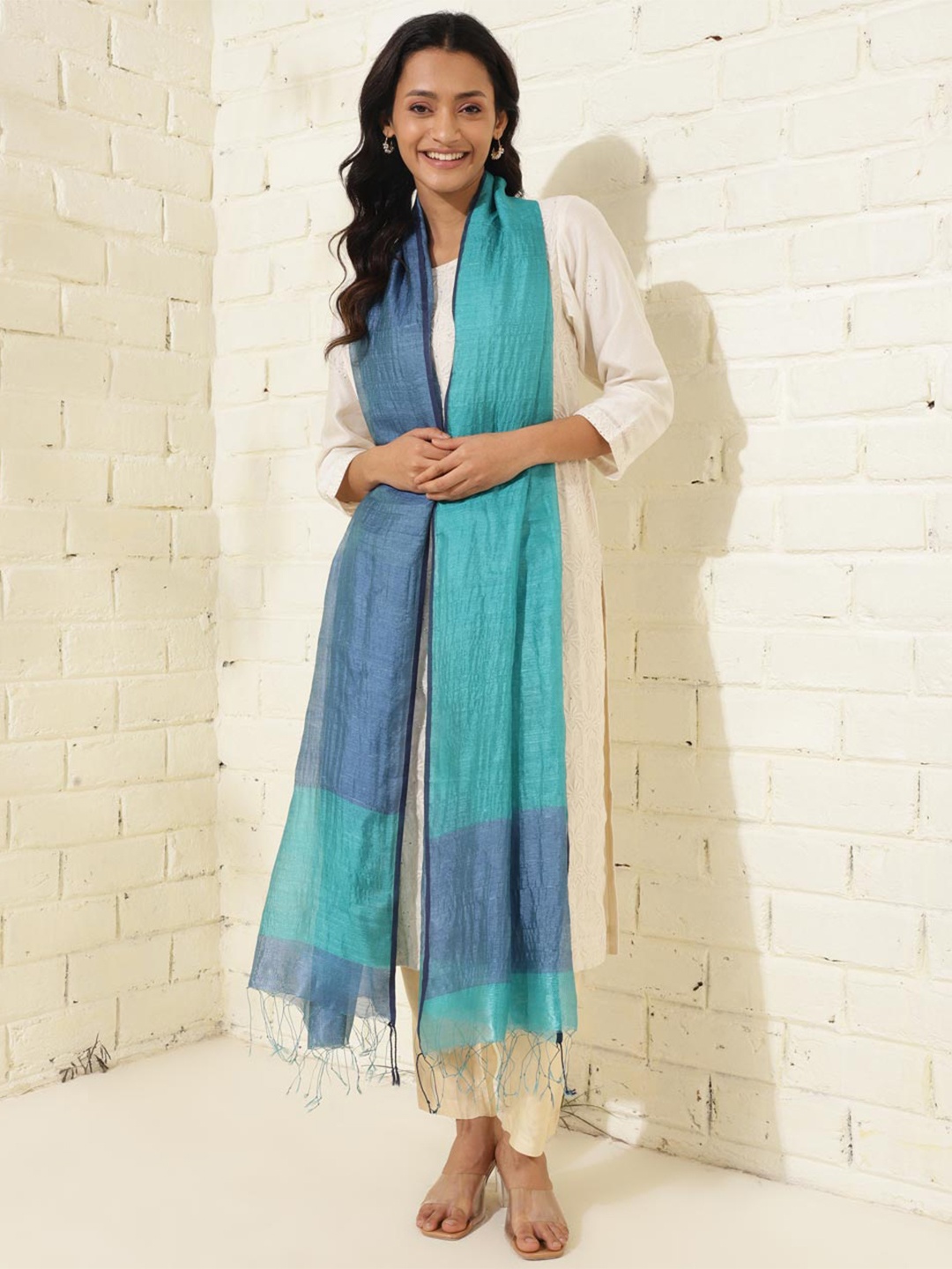 

Fabindia Tasselled Border Silk Dupatta, Teal
