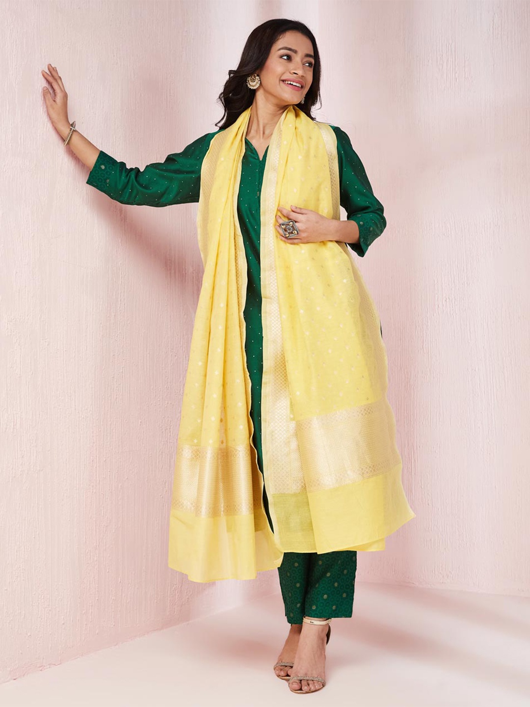 

Fabindia Floral Woven Design Zari Cotton Silk Dupatta, Yellow