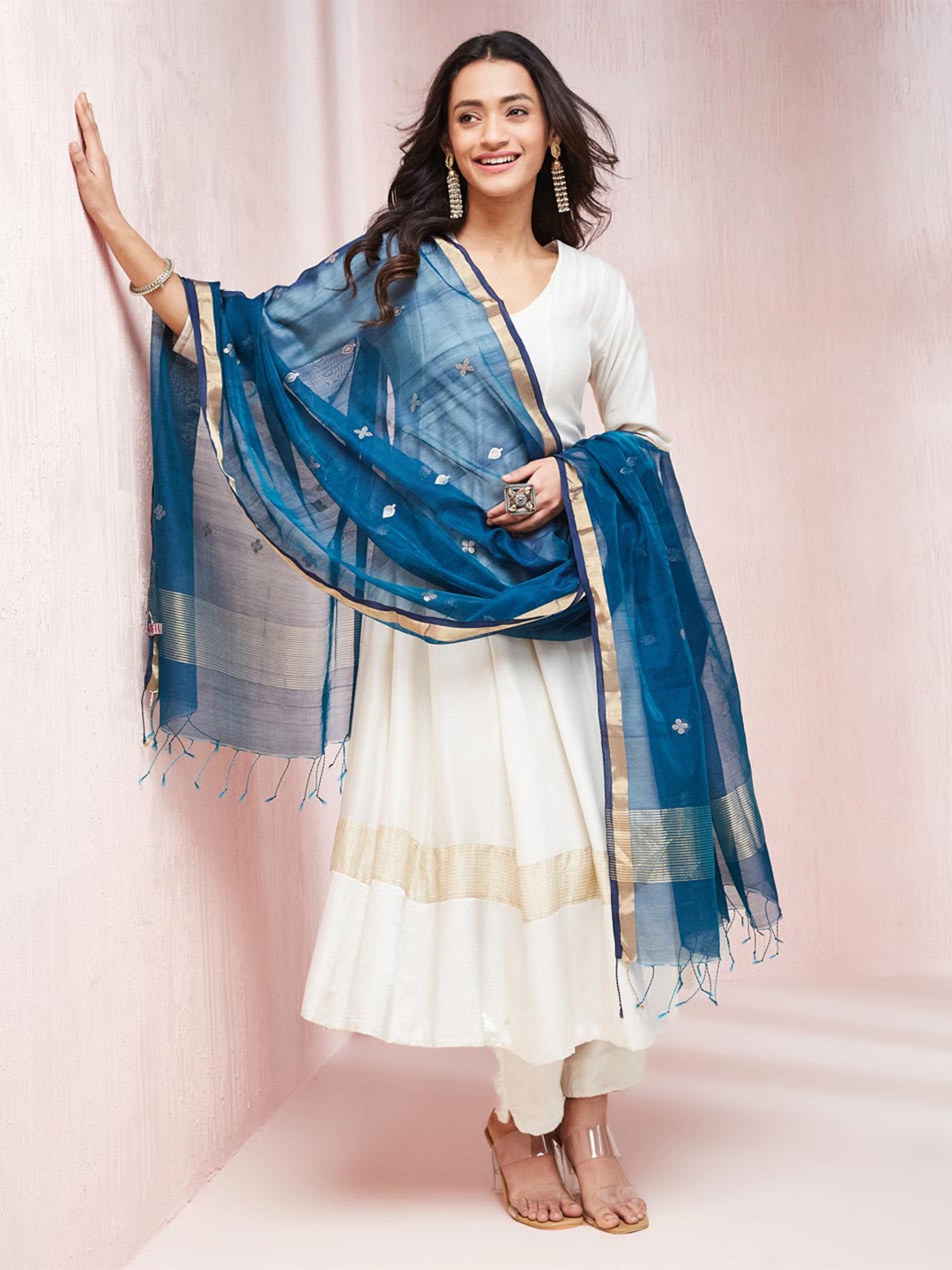 

Fabindia Ethnic Motifs Woven Design Zari Detailed Cotton Silk Dupatta, Navy blue