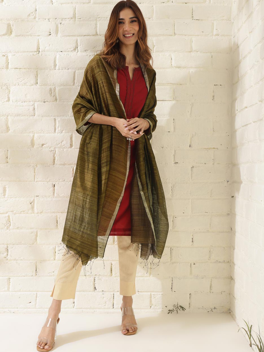 

Fabindia Striped Tasselled Silk Dupatta, Olive